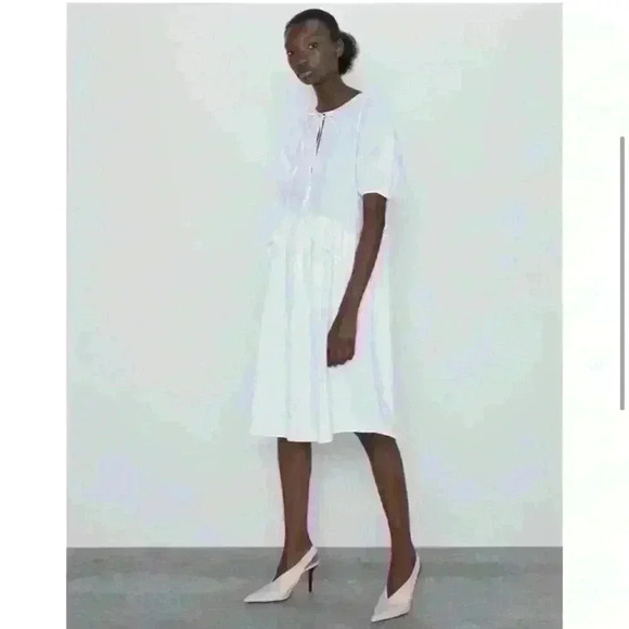 Zara White 100% Cotton Midi Dress Size Medium - Picture 1 of 5